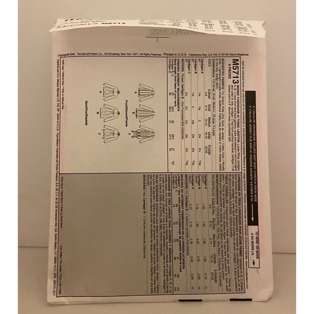 #M5713 McCalls Misses Cardigans Sewing Pattern Size XS-M